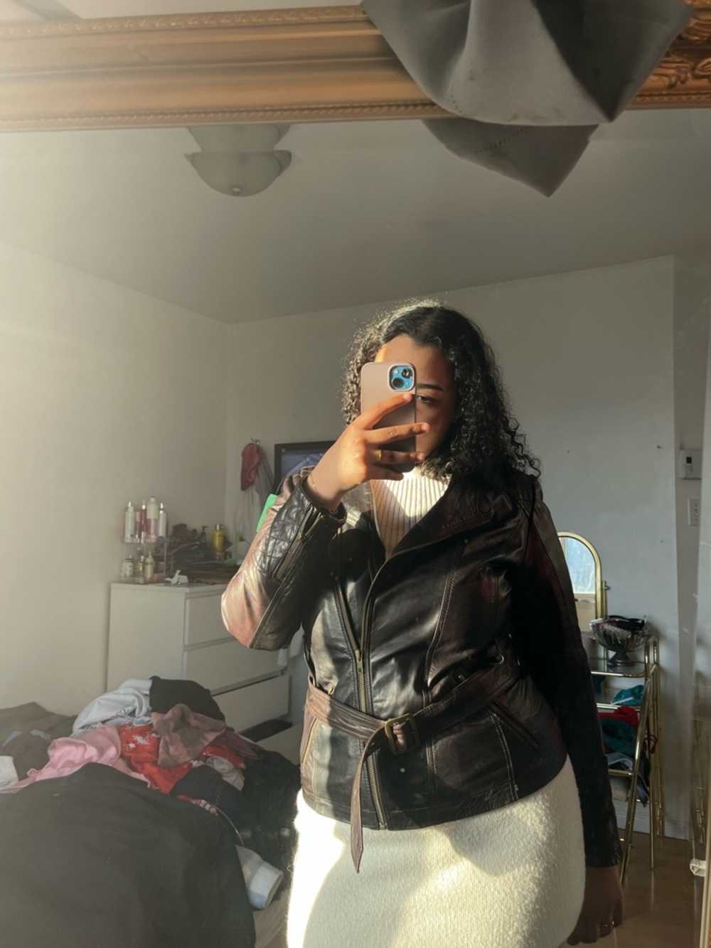 Women's Dark Brown Leather Belted Moto Jacket